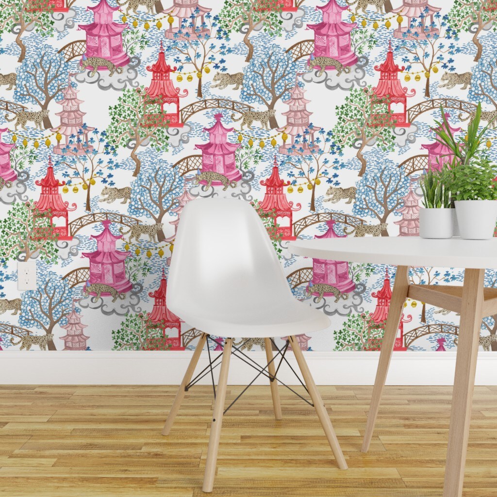 Pre-Pasted Wallpaper 2FT Wide Chinoiserie Pagoda Leopards Bright Whimsical Maximalist Kids Room Custom Pre-pasted Wallpaper by Spoonflower
