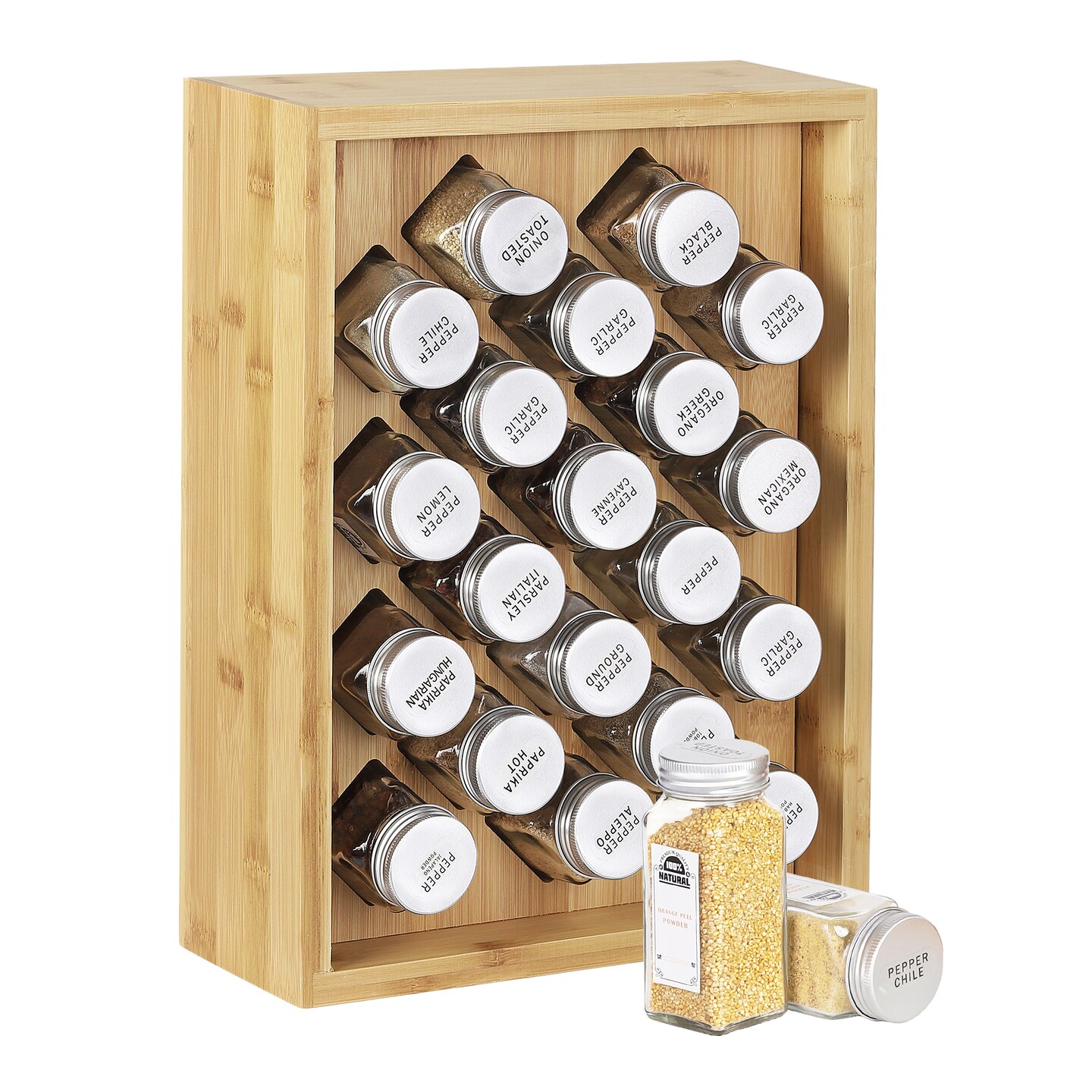 20-Jar Bamboo Spice Rack Organizer with Glass Jars Countertop Kitchen Storage for Cabinet, Pantry, or Drawer Eco-Friendly, Space-Saving Design