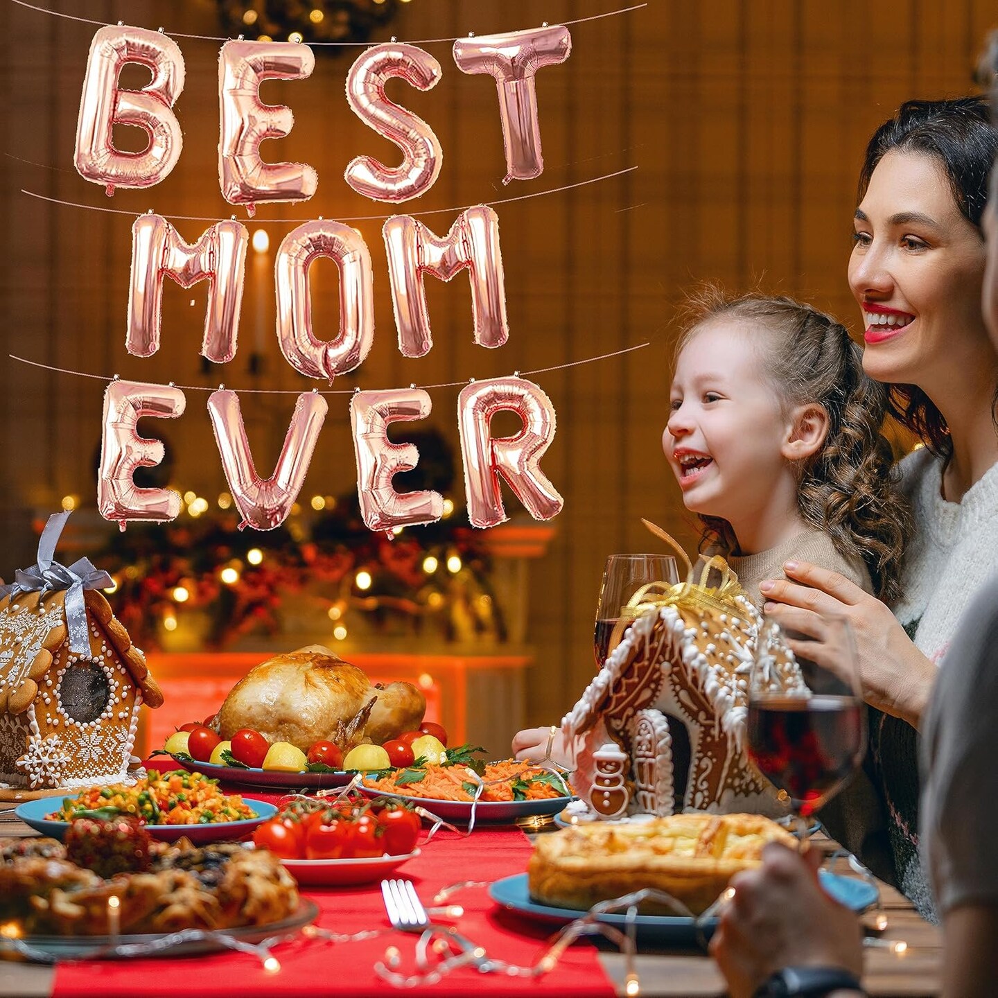 16 Inches Best Mom Ever Balloons Hanging Banner Decorations, Rose Gold Aluminum Foil Letter Balloons for Mother&#x27;s Day Birthday Baby Shower Gender Reveal Party Supplies