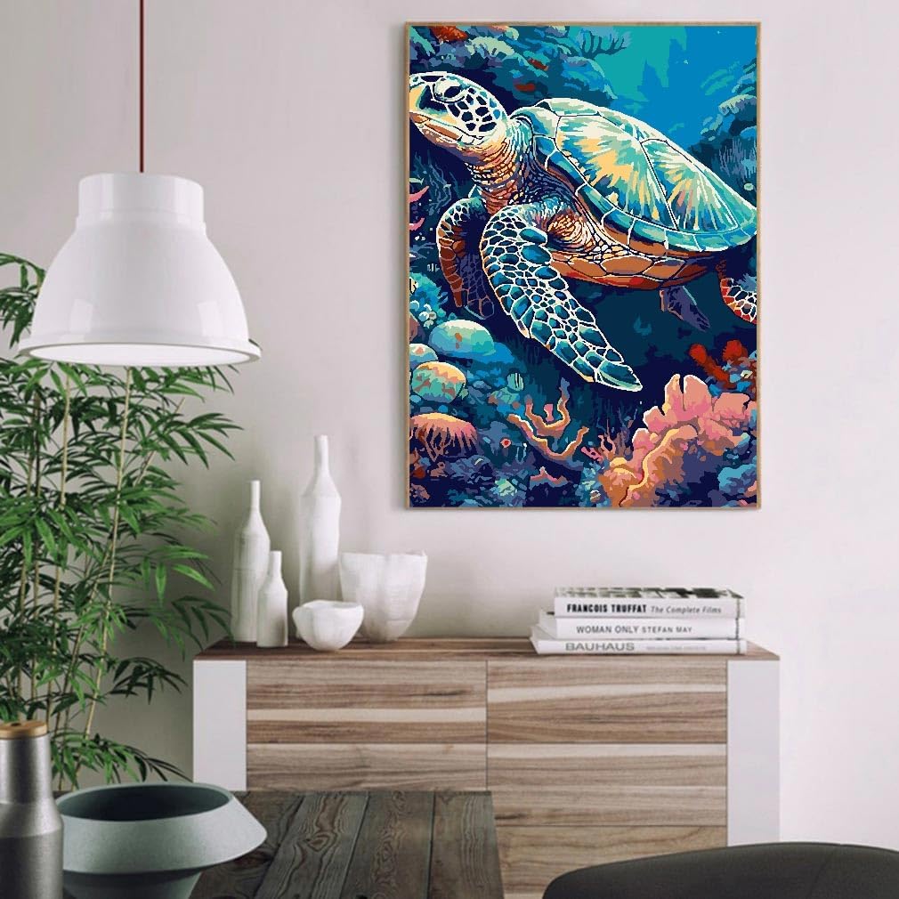Sea Turtle Paint by Numbers Kit 12x16” – DIY Canvas with Wooden Frame for Adults