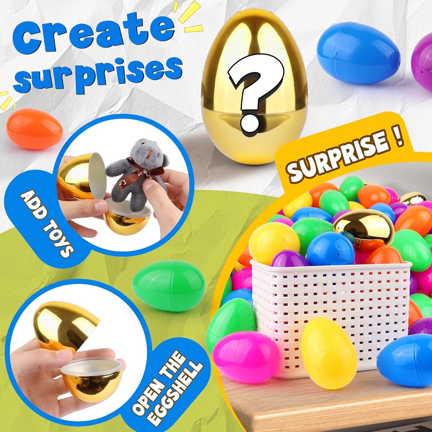 500 Pack Plastic Easter Eggs 6 Surprise Golden Eggs, Empty Easter Eggs Fillable, Bright Colors Plastic Eggs Bulks for Easter Hunt, Easter Party Favor, Basket Stuffers Fillers