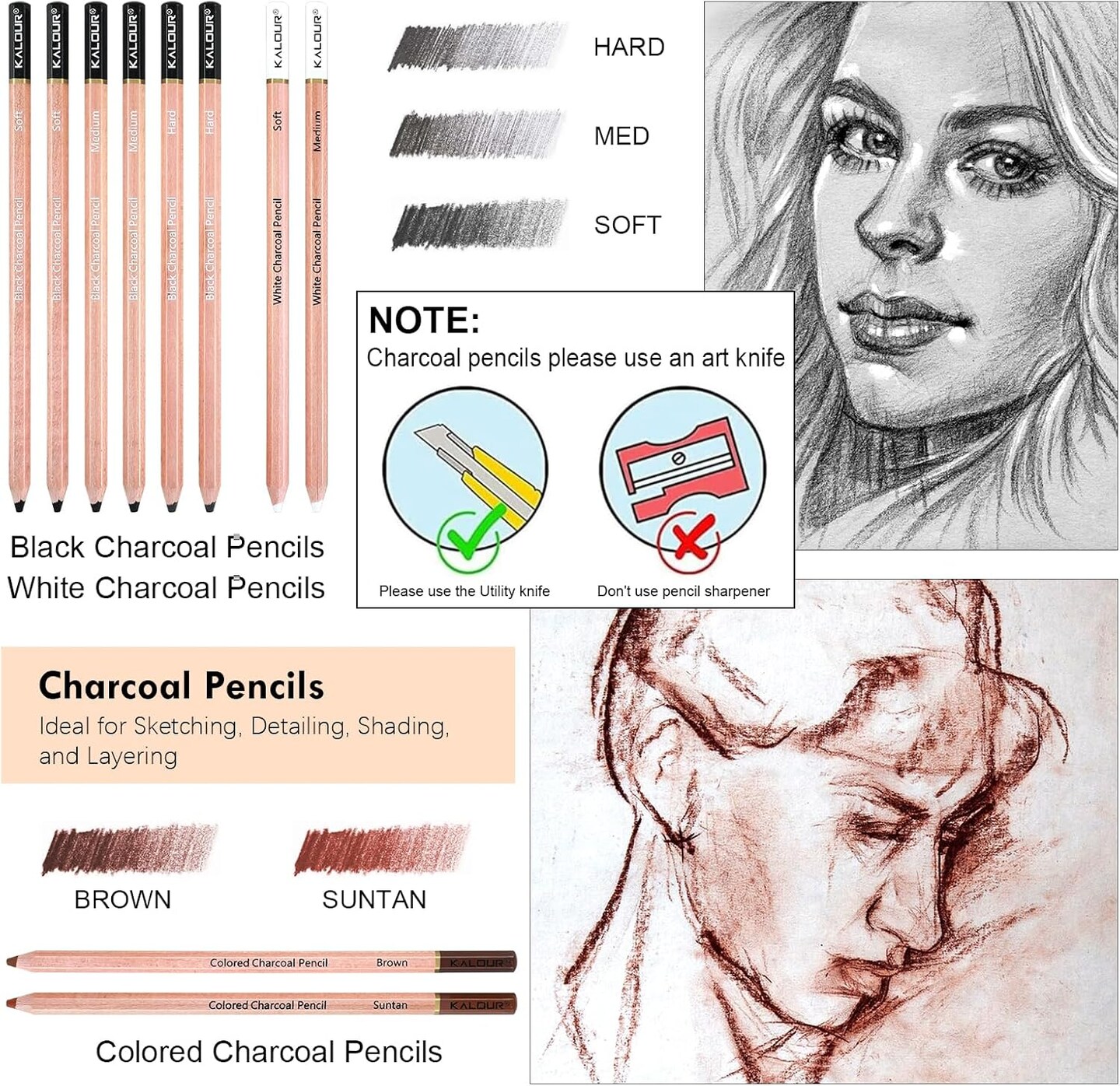 22pcs Charcoal Drawing Set, Professional Art Supplies, Black & White Charcoal