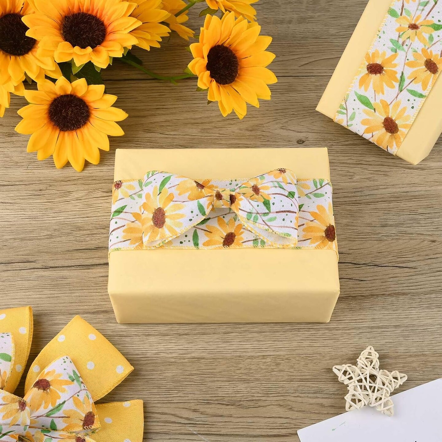 Sunflower Wired Edge Ribbon Set – Yellow & White Floral Craft Ribbon, 2 Rolls (20 Yards Total) for Spring DIY Crafts, Wreath Making, Bow Making, Gift Wrapping & Wedding Party Decorations