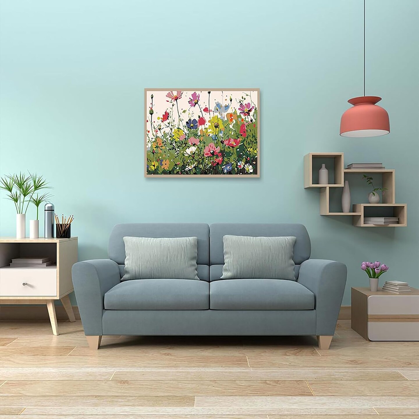Paint by Numbers Kit for Adults Beginners 8Wx12L inch Canvas Pictures with Framed Drawing Painting Works with Wooden Triangle Easel Acrylic Pigment Flower