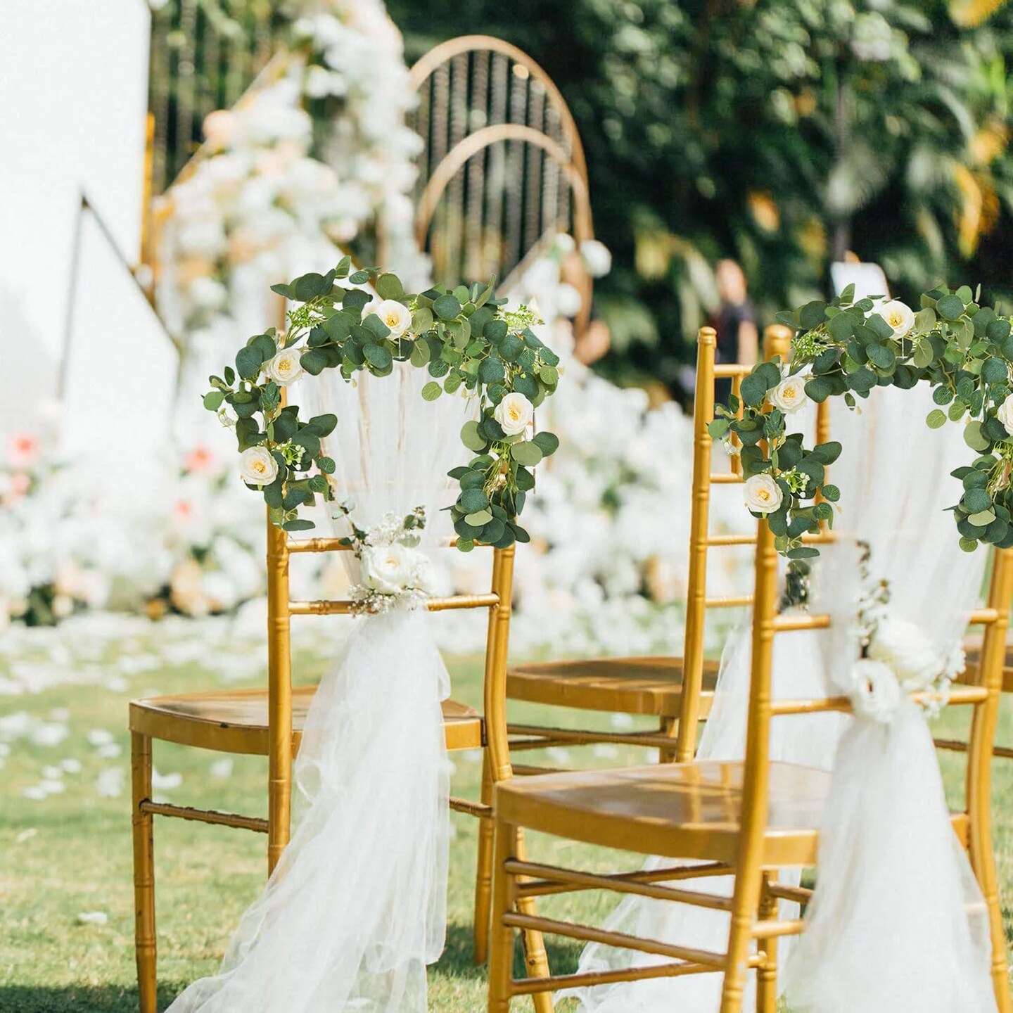 6.56ft Artificial Eucalyptus Garland with Lights, White Rose Flowers Faux Floral Garland Greenery Garland, Rose Vine Gypsophila Eucalyptus Leaves Garland for Home Party Wedding Table D&#xE9;cor