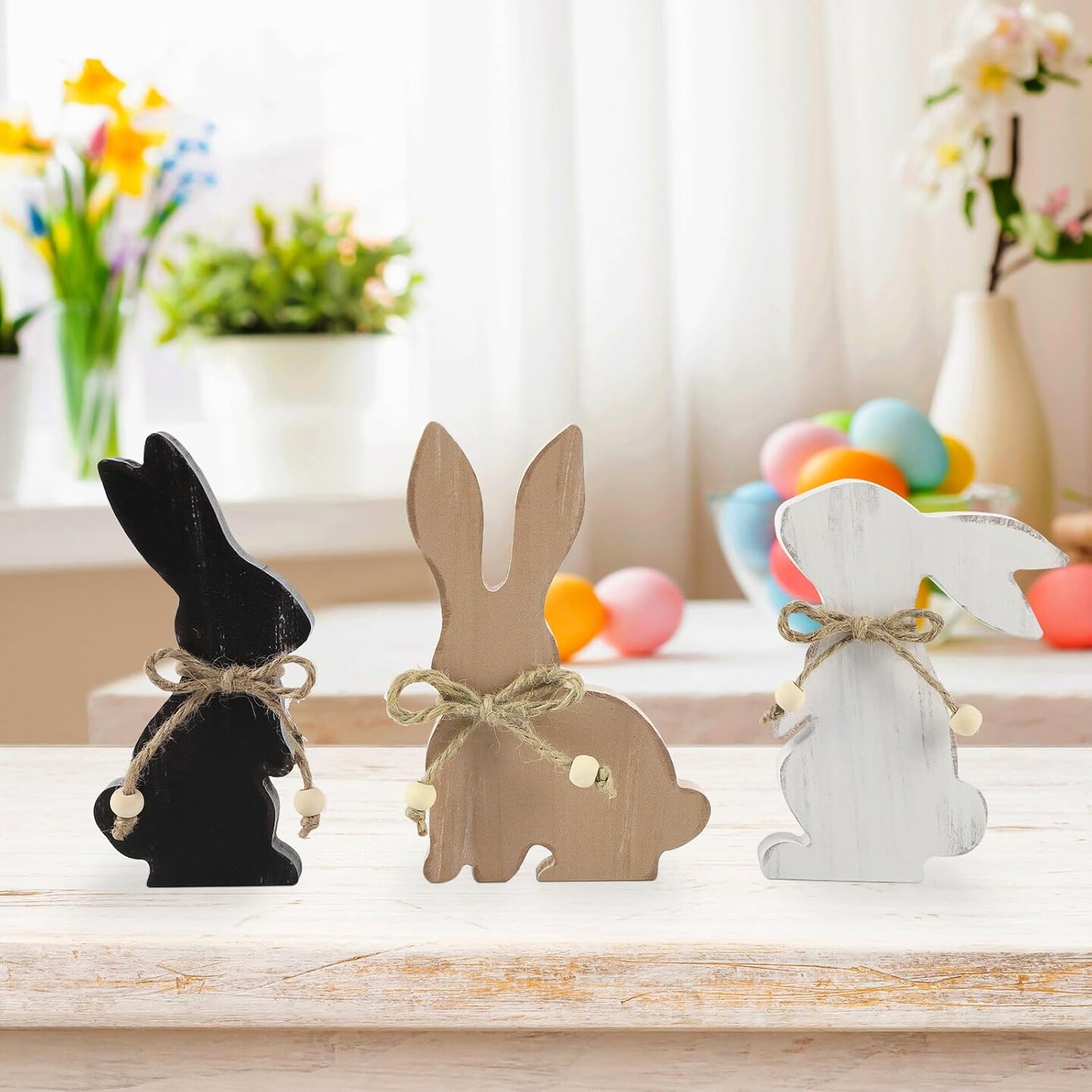 Easter Decorations for the Home, Rustic Farmhouse Wooden Bunny Blocks Tiered Tray Decor Set of 3, Vintage Wood Bunnies Sign for Table Top Office Party Shelf Decoration (Colorful)