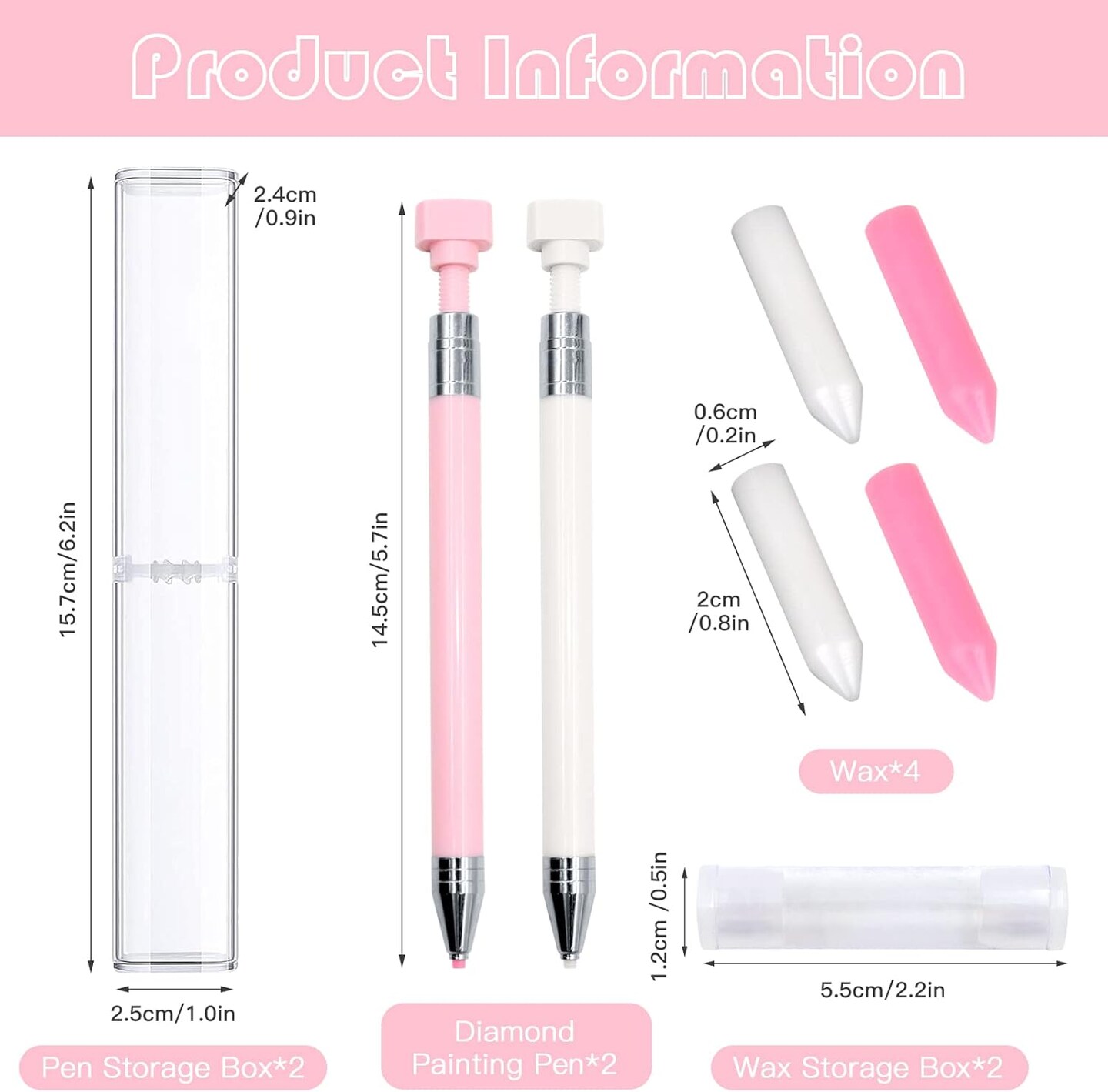 2 Pcs Diamond Painting Pens with Wax, Refillable Wax Pen, Rotating Glue Point Drill Pen for Nail Art Rhinestones, Diamond Art Accessories and Tools, Quickly Pick Up Beads Gems (Pink, White)