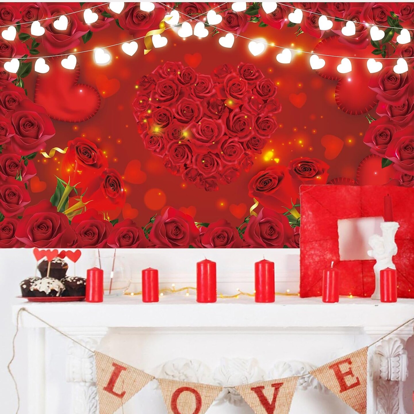 Red Rose Floral Heart Backdrop – 72.8×43.3in, Party & Photography Decoration