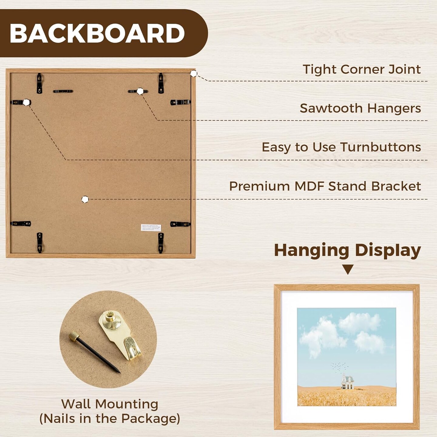 16x16 Oak Picture Frame with 12x12 White Mat, Tempered Glass, Natural Oak Wood Frame, Vertical and Horizontal Display for Wall and Table, Display Photos Arts Posters Certificates, Set of 3