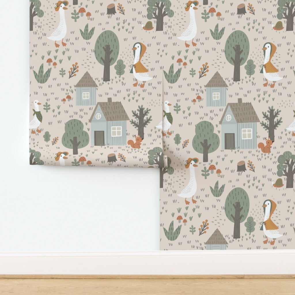 Whimsical Nursery Scandi Farmhouse Cottagecore Baby Kids Goose Farm Animals Trees Mushroom Nature Hand Drawn Scandinavian Botanical Snails Custom Pre-pasted Wallpaper by Spoonflower Pre-Pasted Wallpaper 2FT Wide 18080285