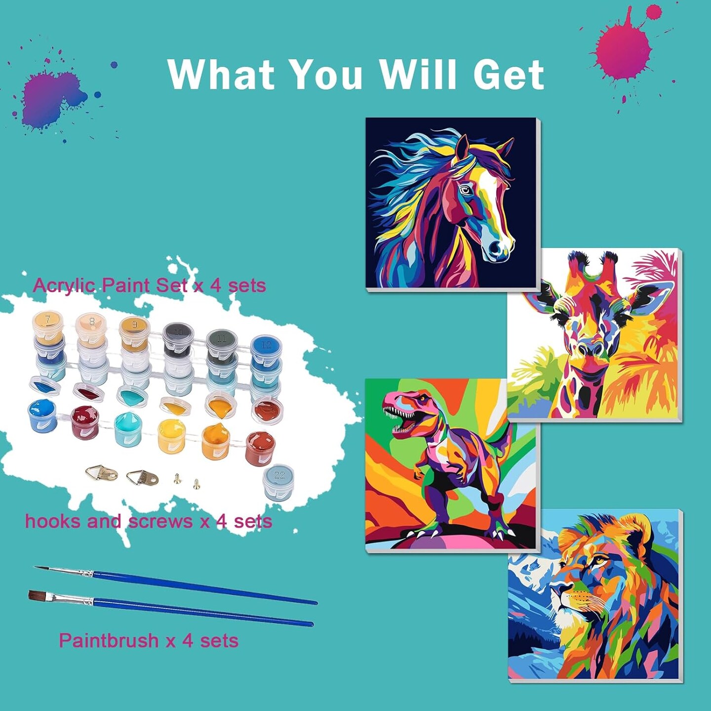 4 Pack Paint by Numbers Kit for Kids, Horse Color By Number Painting Kits for Kids Ages 8-12 Dinosaur Paint by Numbers with Framed Canvas Children DIY Paints by Number Kits for Beginners 8x8 Inch