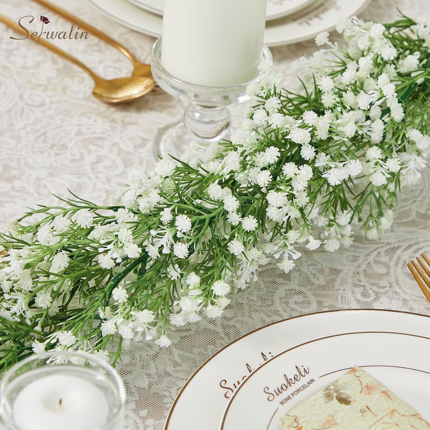 2Pcs 5.9 Ft Babys Breath Garland, 162 Branches White Artificial Baby Breath Spring Flower Vines, Faux Garland Real Touch Gypsophila Hanging Flower Vines for Wedding Arch Party Table Home Wall Decor
