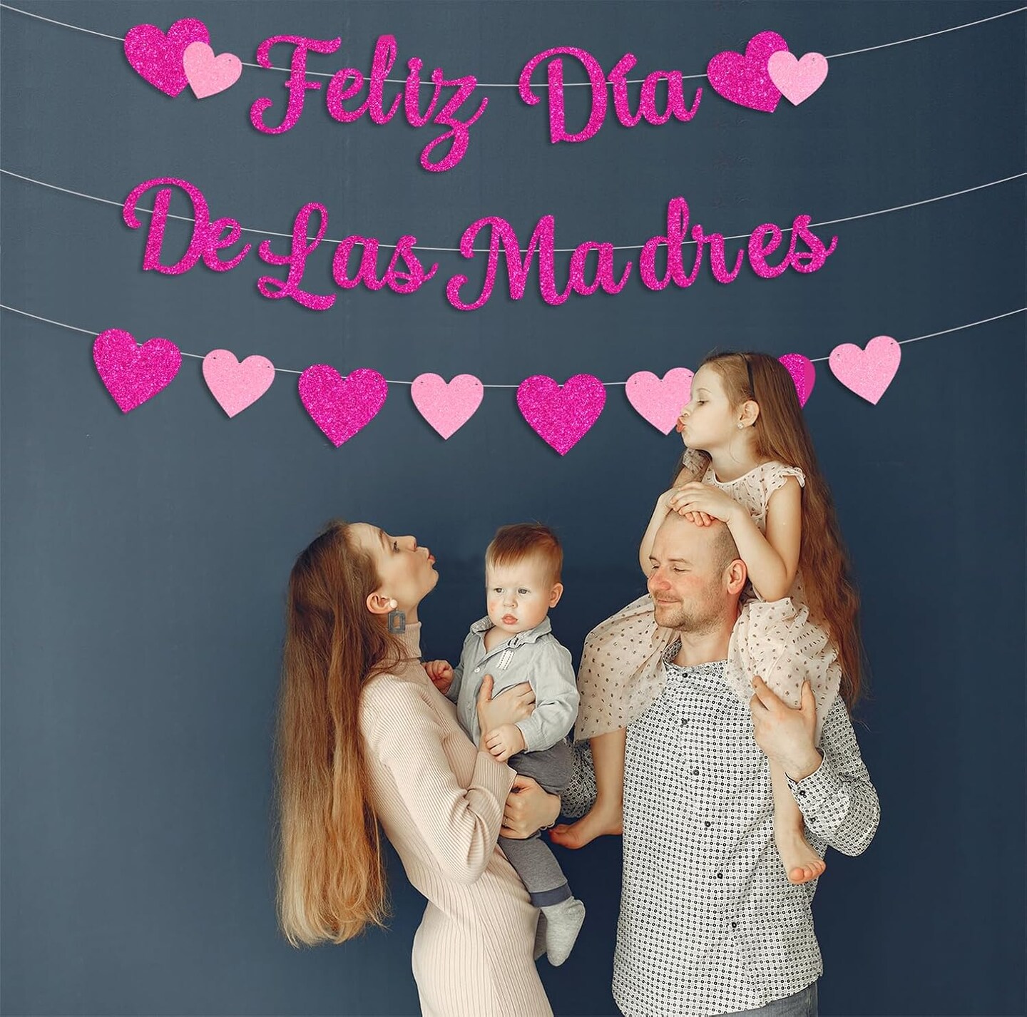 Glittery Feliz Dia De Las Madres Banner with Heart Rose Red Pink Happy Mother’s Day Banner 118.11 Inches