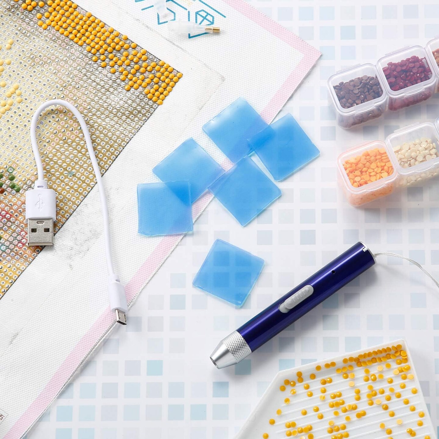 Diamond Painting Pen Point Drill Pen with Light 5D DIY Diamond Painting Tool with 20 Pieces Painting Glue Clay 5 Pieces Replacement Pen Heads for DIY Painting Craft (Blue)