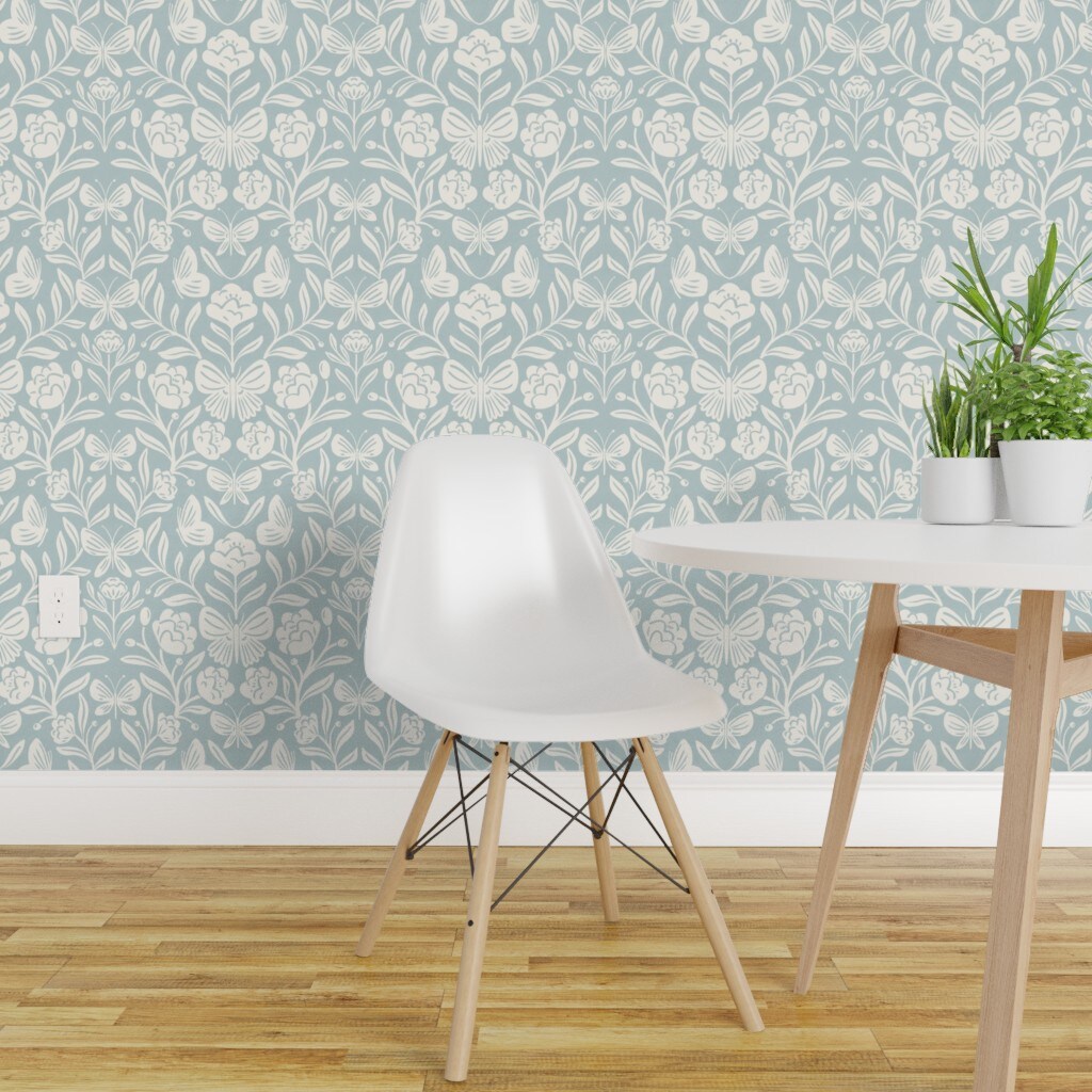 Peel &#x26; Stick Wallpaper 2FT Wide Boho Whimsical Cottagecore Butterfly Floral Wildflowers Blue Garden Medium Scale Pale William Morris Butterflies Custom Removable Wallpaper by Spoonflower