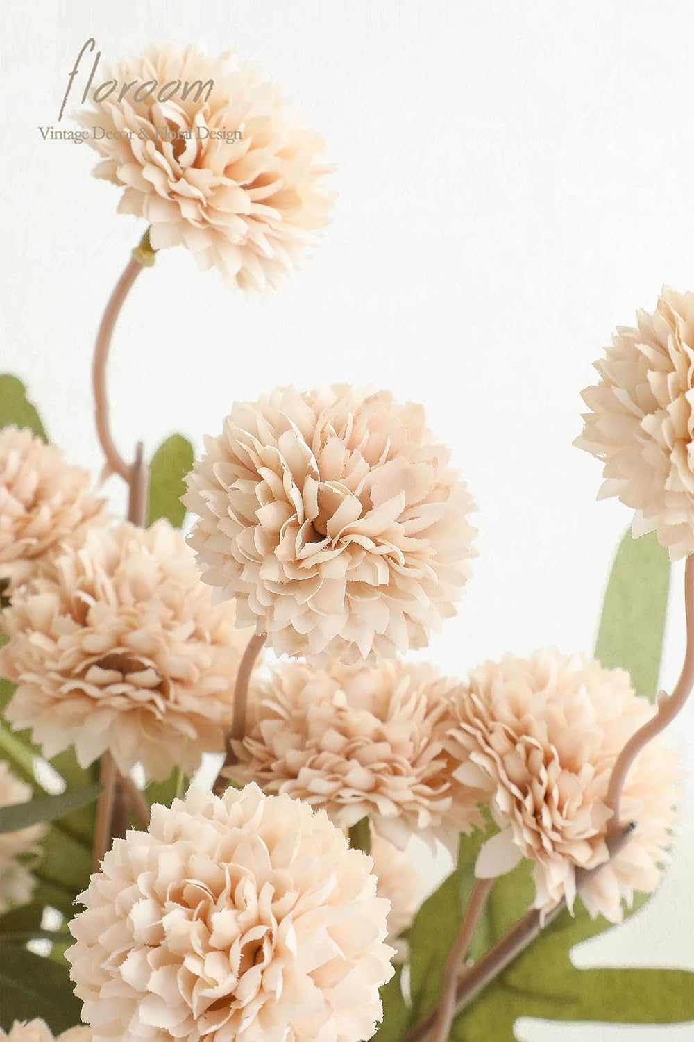 5 Faux Silk Pompon Mum Flowers with Stems, Beige 4"D x 16"H for DIY Decor
