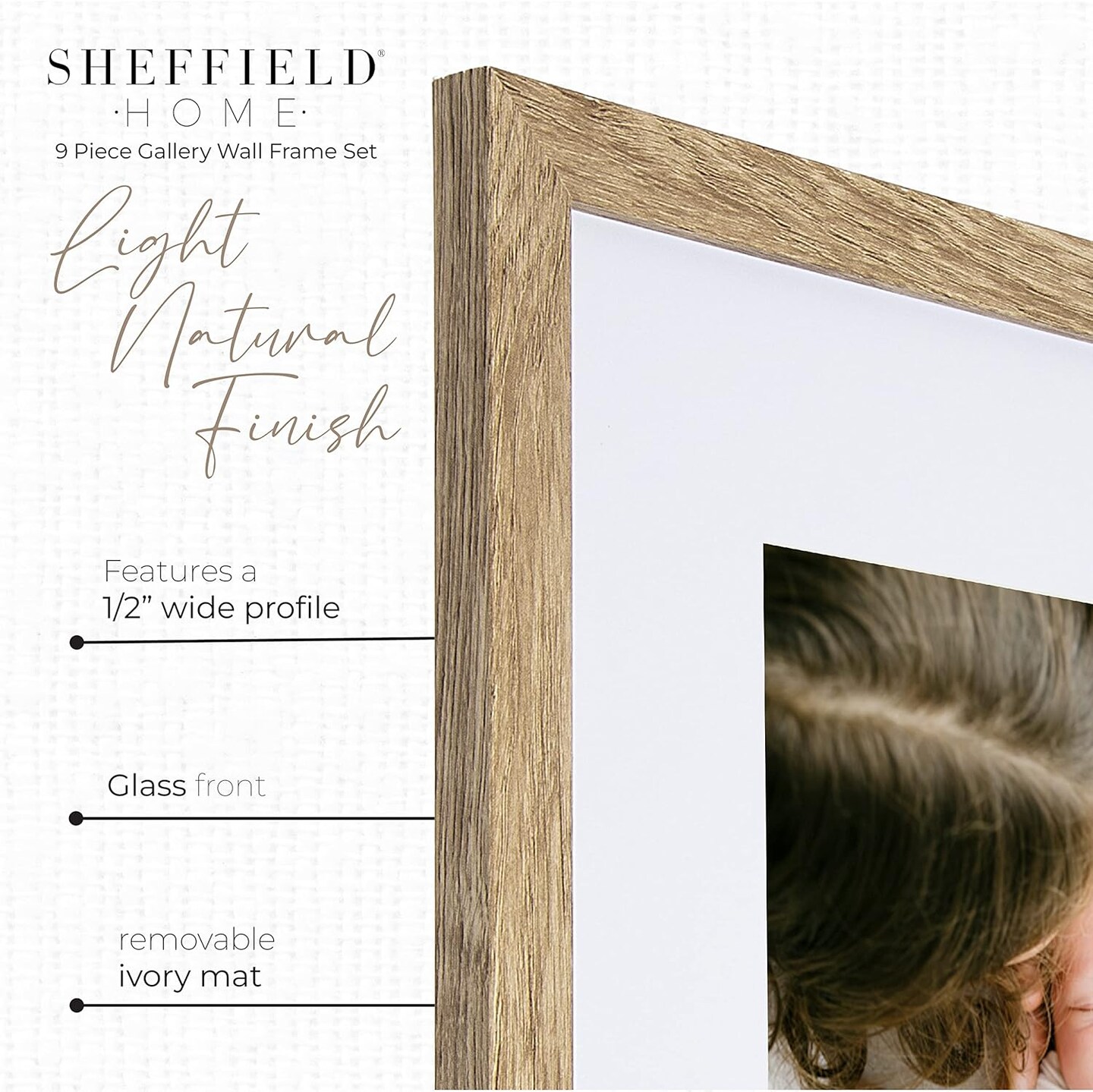 9 Piece Gallery Wall Frame Set, 12x12 in. Matted to 8x8 in. (Light Natural)