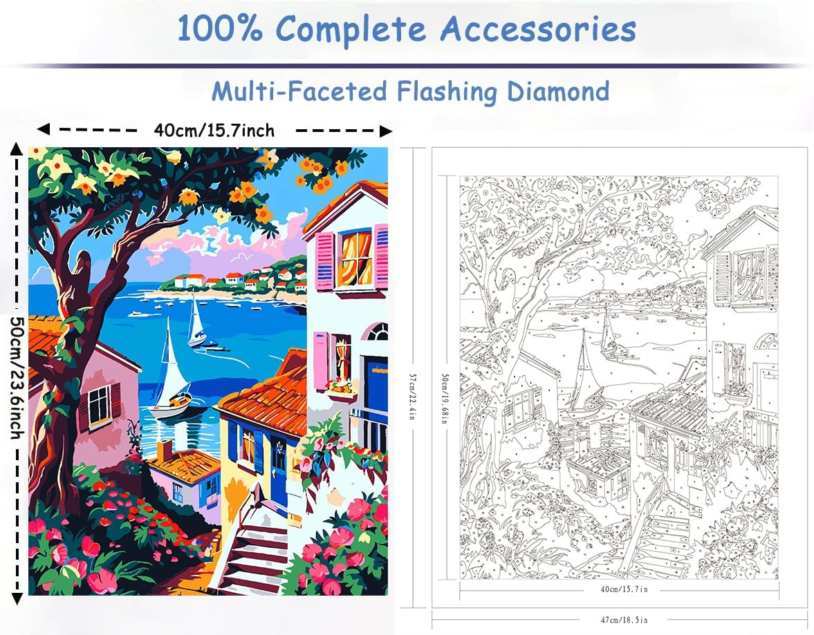 Paint by Numbers for Adults Beginner Seaside Village, Flower Oil Painting Canvas Kits with 3 Pcs Brushes, Easy Number Painting for Adults for Home Wall Art Decor (16x20inch)