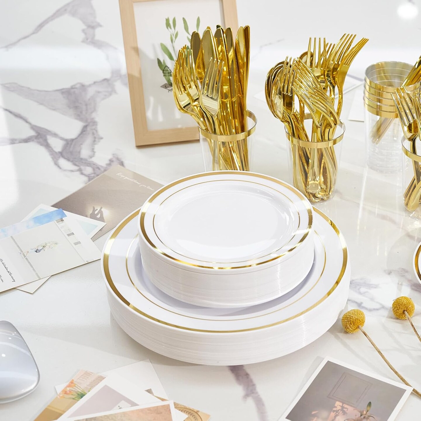 350-Piece Gold Disposable Plates Set – Includes 50 Dinner Plates, 50 Salad Plates, 50 Cups, and 50 Paper Napkins. Elegant Disposable Dinnerware for Parties, Weddings, and Special Events.