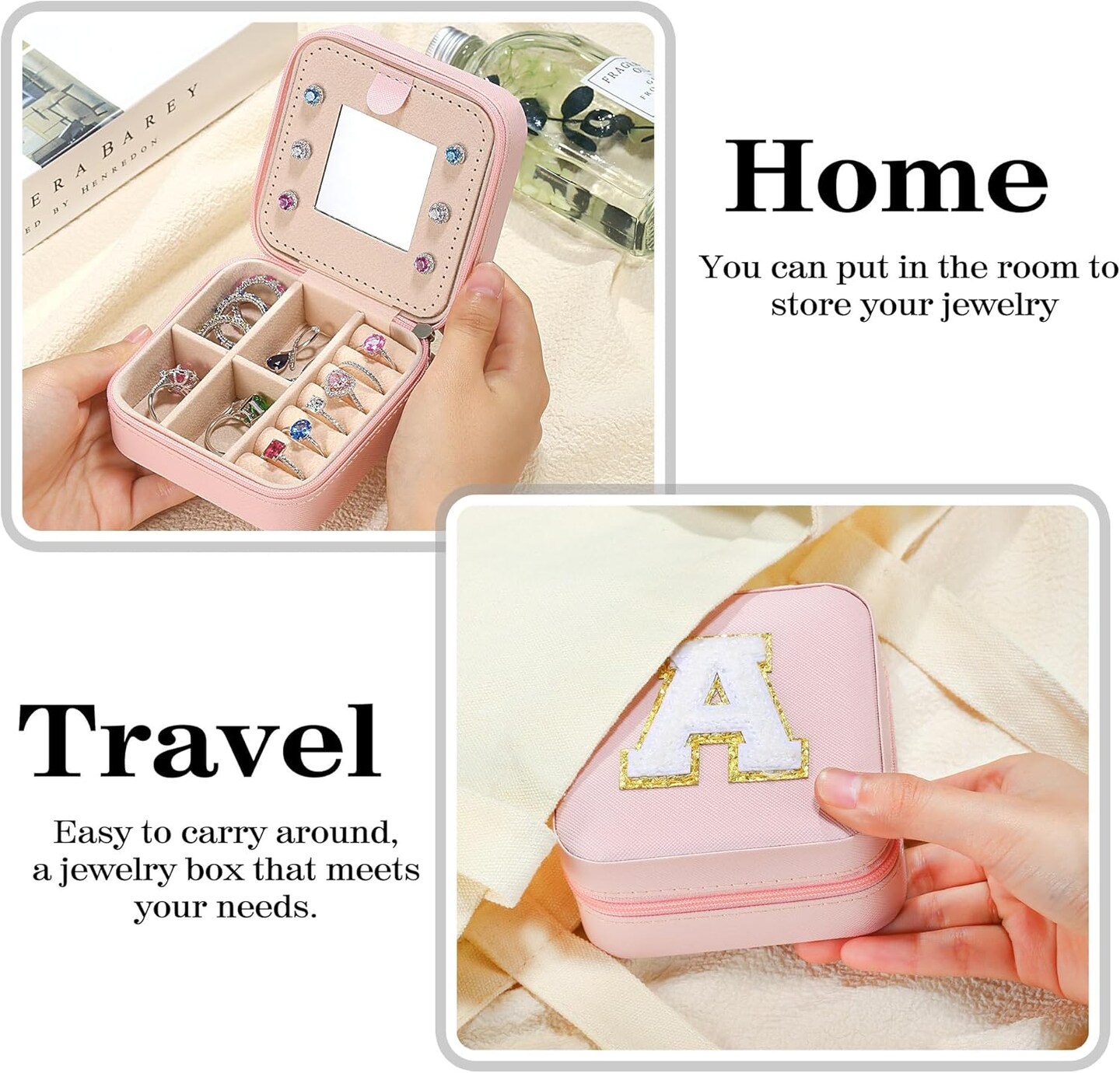 Small Jewelry Box for Girls, Travel Initial Jewelry Box for Girls | Small Jewelry Organizer Box | Travel Jewelry Case Jewelry Box Organizer | Mini Travel Jewelry Box - Letter R, Pink