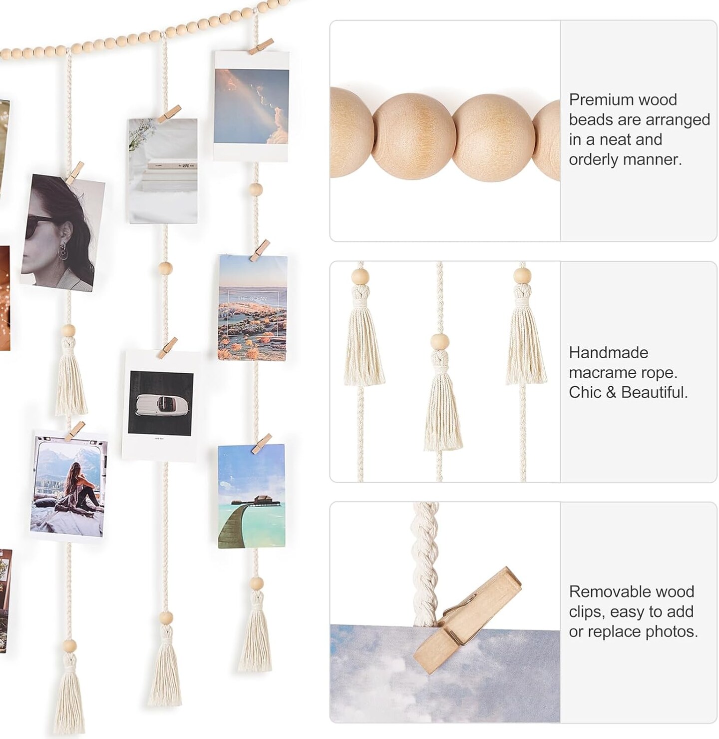 Macrame Hanging Photo Display Wall Decor with String Lights Boho Room Bedroom Wooden Beads Garland Picture Holder with 30 Clips