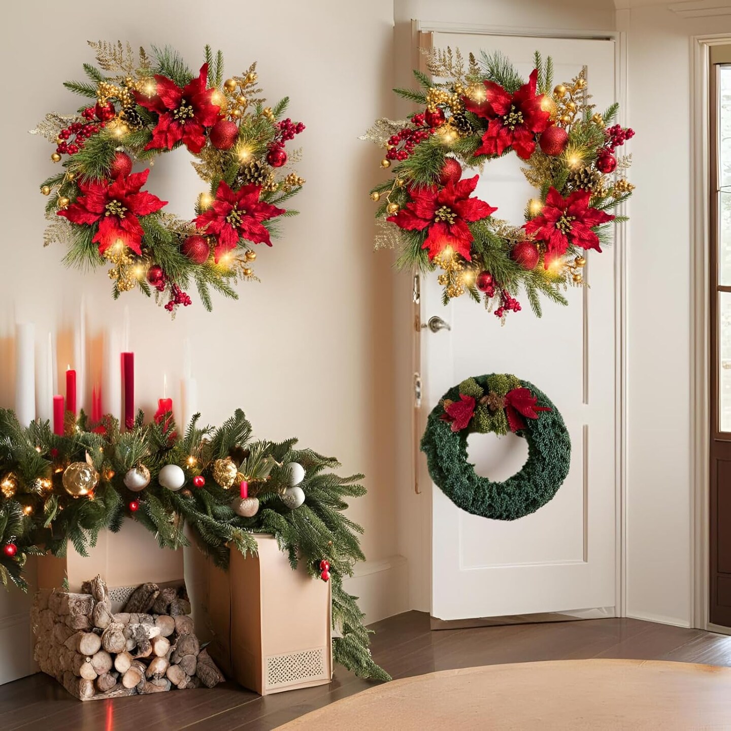 22 Inch Lighted Golden Glitter Christmas Wreath (Multicolor) 7&#x22;D x 22&#x22;W x 22&#x22;H