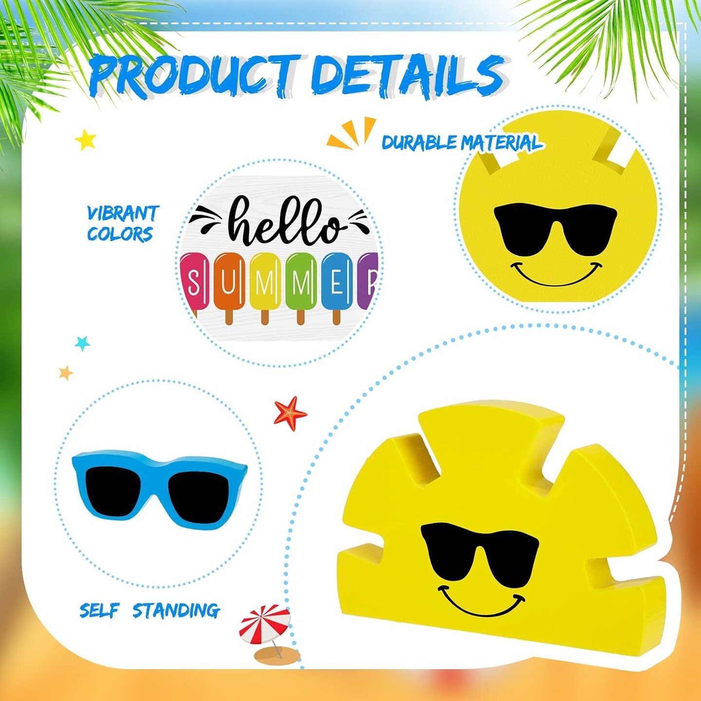 5 Pcs Hello Summer Tiered Tray Decor Wooden Sunglasses Table Decor Set Rustic Tabletop Decoration Farmhouse Sunshine Flower Wood Table Sign Centerpieces Summer Decorations for Home Office Shelf