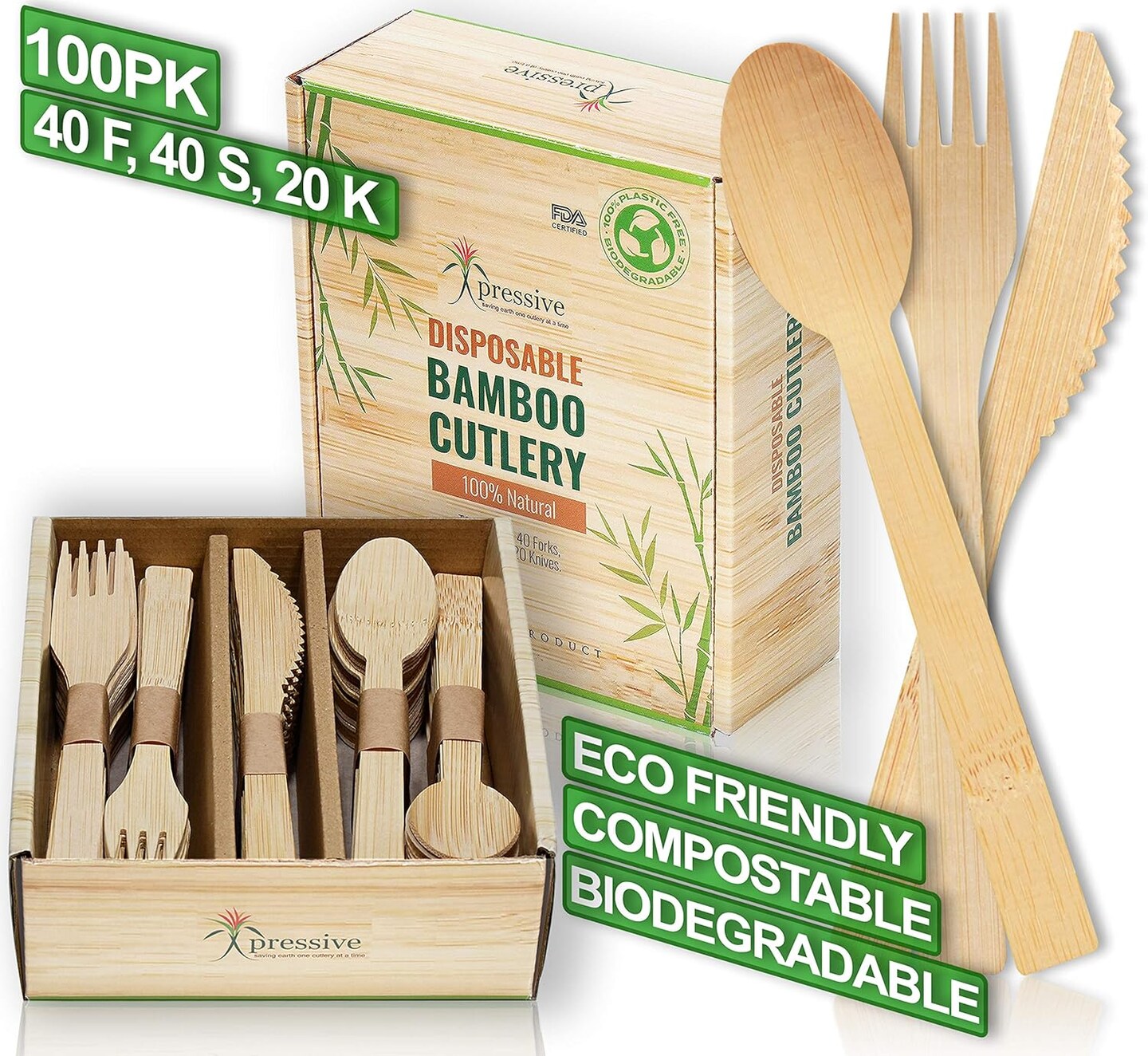 100% Bamboo Heavy Duty Disposable Cutlery [100PK:40 Fork 40 Spoon 20 Knife] Eco Friendly Natural Compostable Biodegradable Utensils | Premium Sustainable Organic alternate to Plastic &#x26; Wooden Flatware