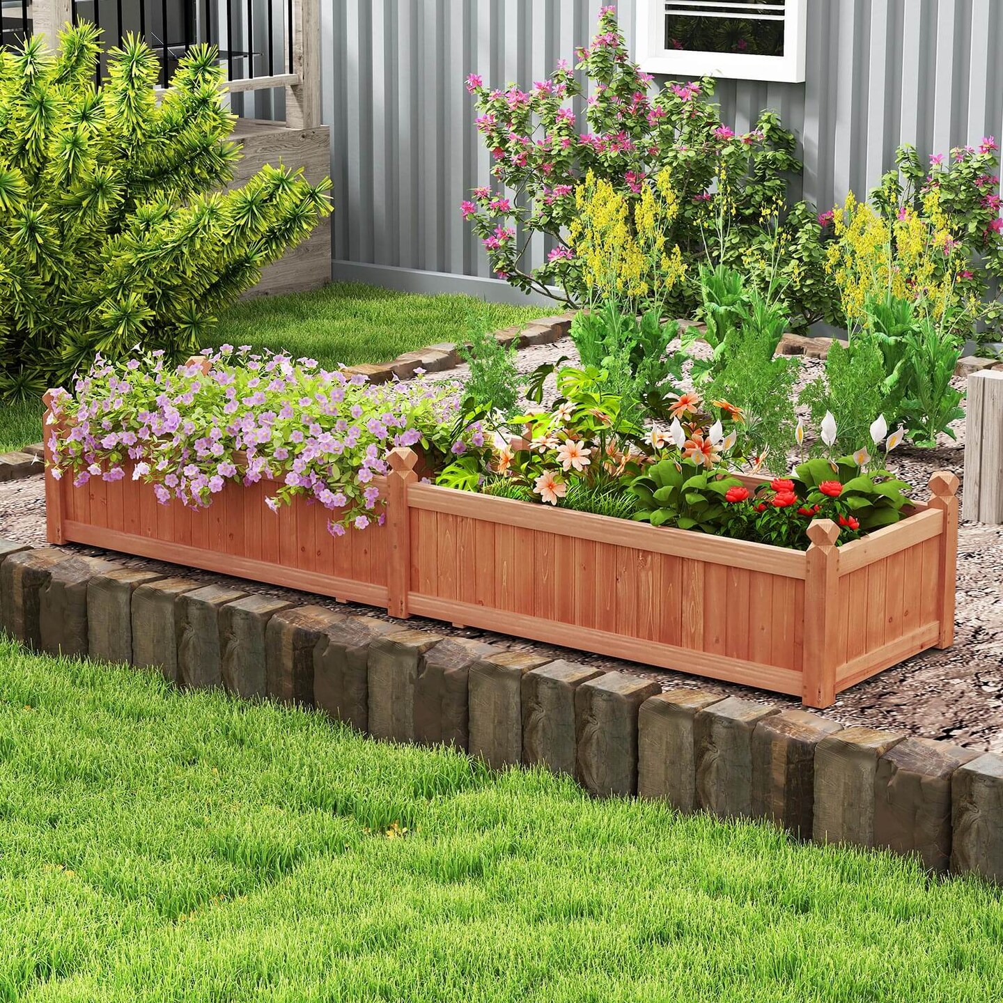 Costway Wooden Raised Garden Bed Outdoor Rectangular Planter Box with Drainage Holes, Brown/Natural