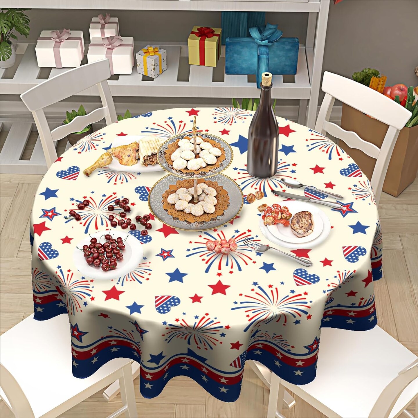 4th of July Tablecloth Patriotic American Flag Round Tablecloth 60 Inch Independence Day Memorial Day Table Cloth for Farmhouse Kitchen Decor Polyester Fabric Table Covers for Party Outdoor Camping