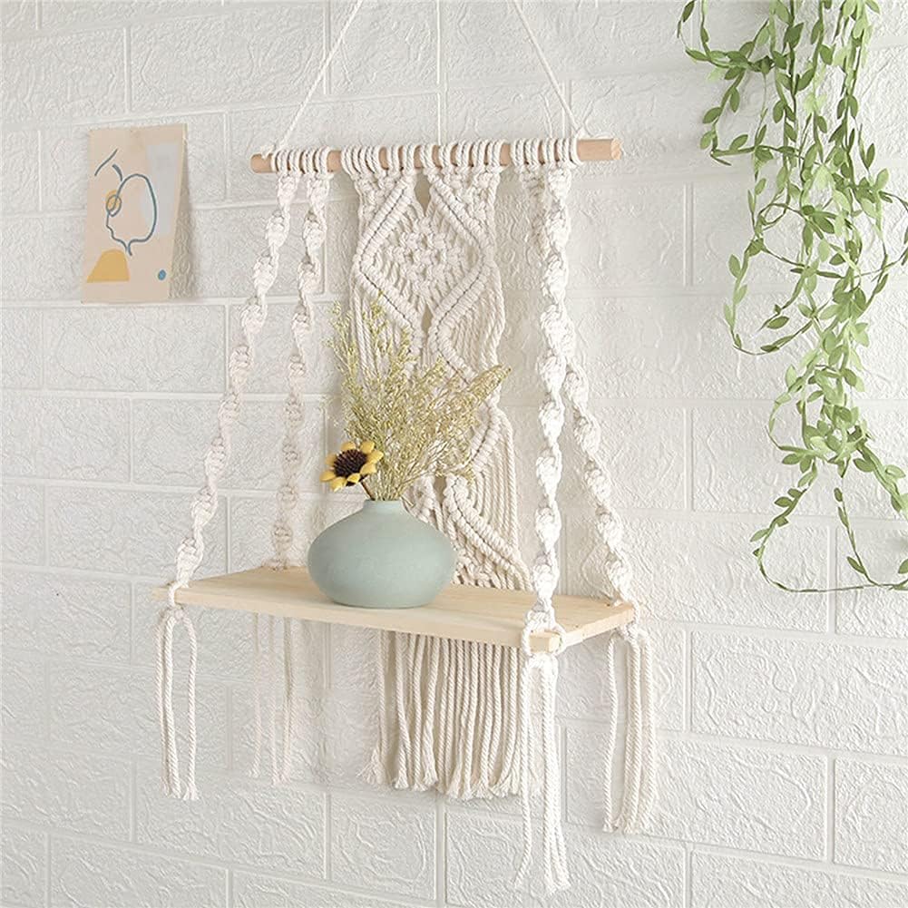 Macrame Wall Hanging Plant Shelf Handmade Boho Rope Shelf for Indoor and Outdoor Use, Floating Wooden Shelve for Plants and Decorative Display