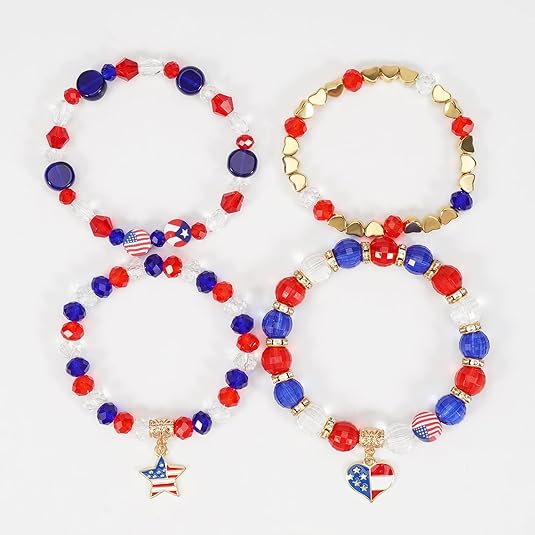 4th of July Beaded Bracelets with American Flag Stars Charms USA Jewelry