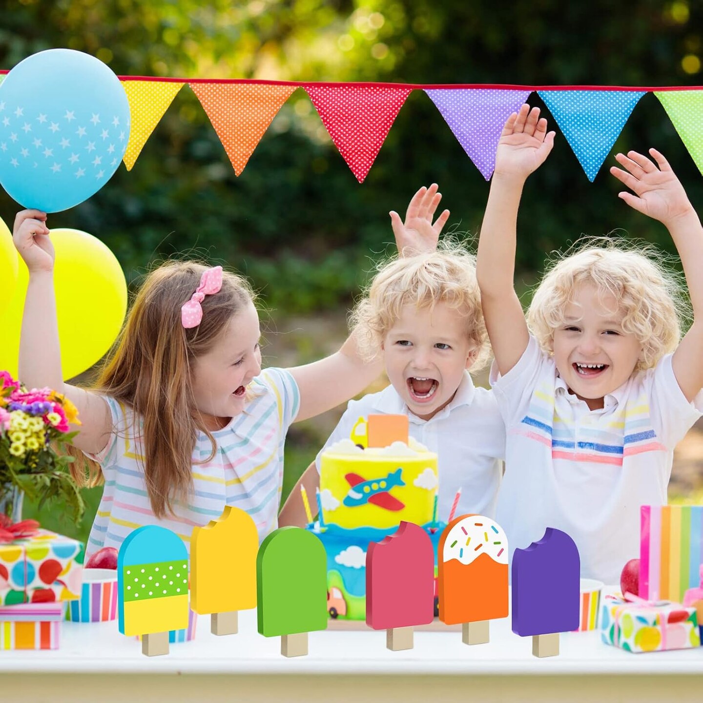 6 Pcs Hello Summer Tiered Tray Decor Wooden Sunglasses Table Centerpieces Set Wooden Tabletop Decoration Rustic Table Sign for Farmhouse Home Shelf Office(Colorful Ice Cream)