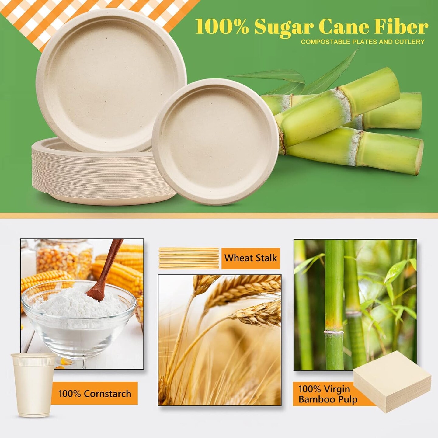 Compostable Paper Plates Set 250pcs Disposable Sugarcane Plates Utensils Eco-Friendly Plate, Cutlery, Napkins, Straws and Cups for Party 25 People