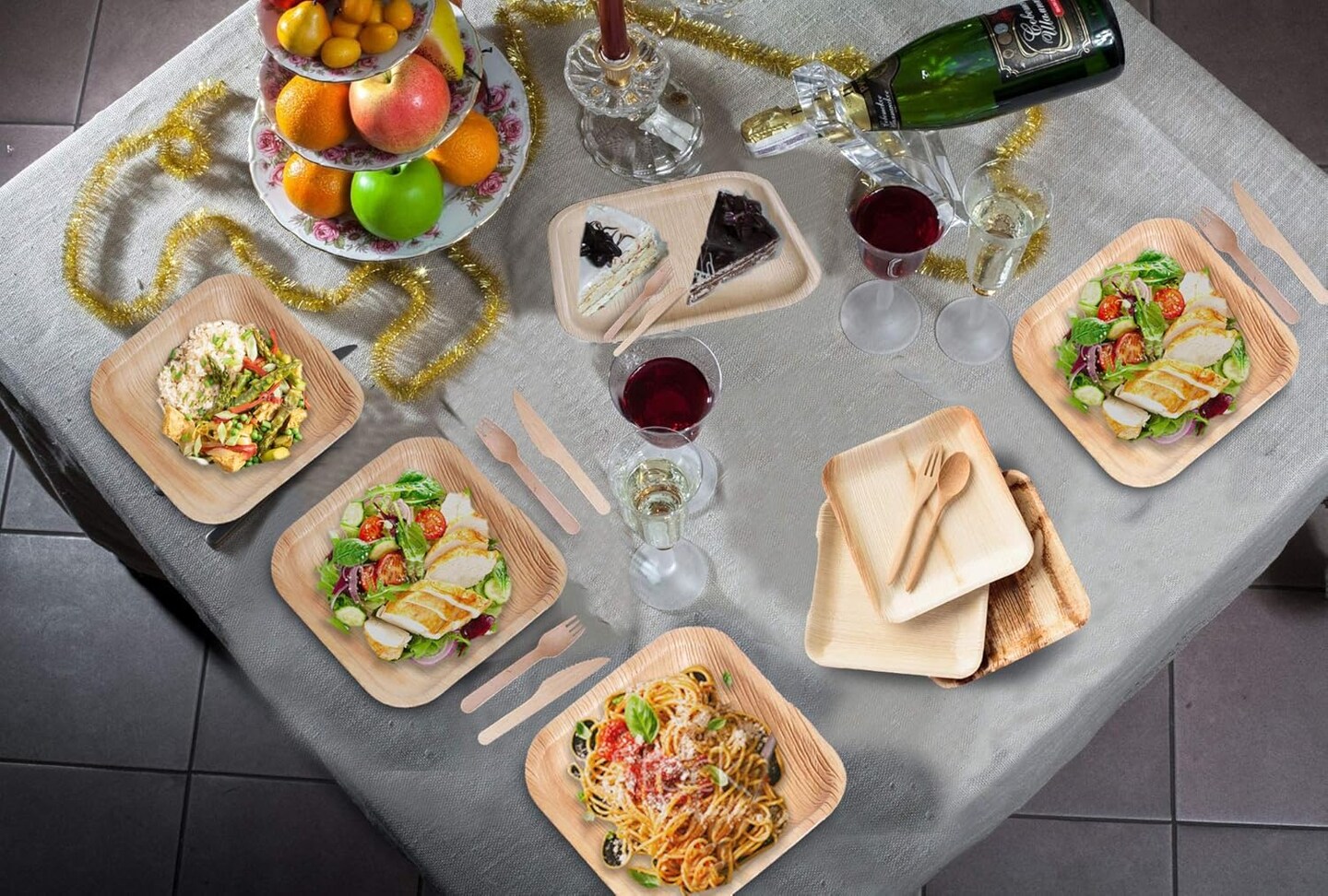 Bamboo Plates Disposable with cutlery (25 Forks &#x26; 25 Knives) - 8&#x22; Eco Friendly Palm leaf plates, 100% Biodegradable &#x26; Compostable Party Plates (8 Inch) better than plastic and paper plate