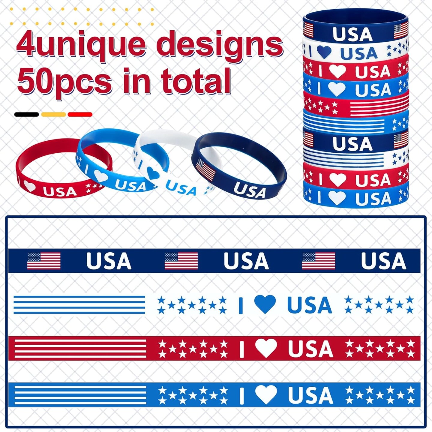 200 Pcs American Flag Silicone Bracelet Stretchable 4th of July Bracelets USA Patriotic Party Wristbands for Men Women Kids Independence Day Party Favors School Gifts Supplies, Red White Blue