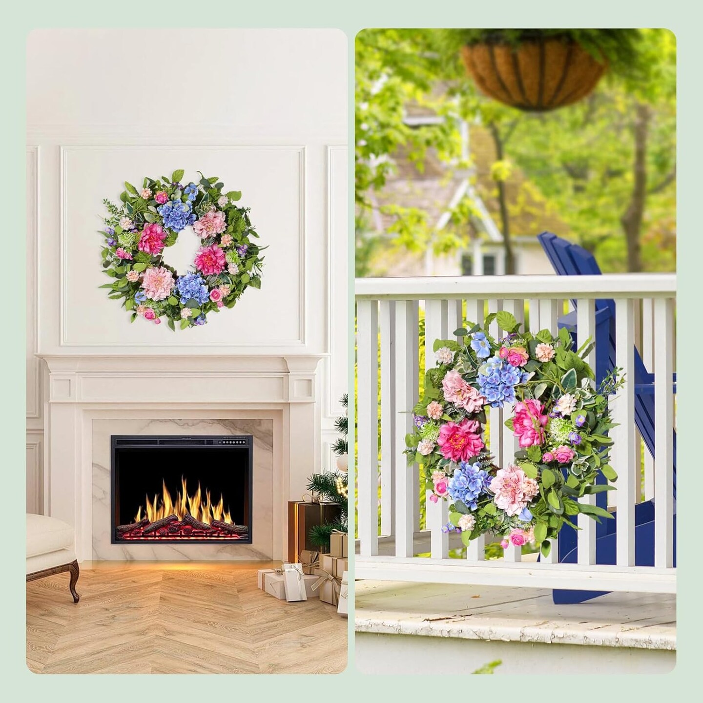 24 inch Summer Wreath for Front Door, Artificial Floral Wreaths with Green Leaves Daisy Peony Hydrangea Eucalyptus for Porch Patio Garden Wall Decor,Indoor Outdoor Party Holiday Decoration