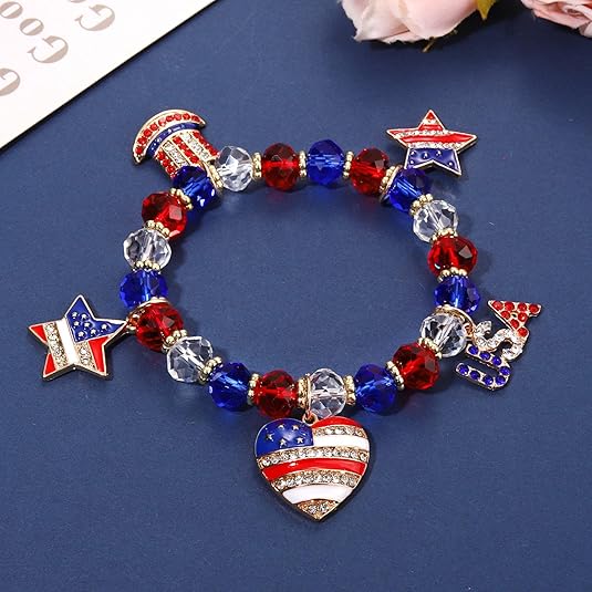American Flag Bracelet Patriotic Bracelet for Women Girls Red White Blue Beaded Stretch Bracelet 4th of July Star Heart Star Charm Bracelet Jewelry Gift