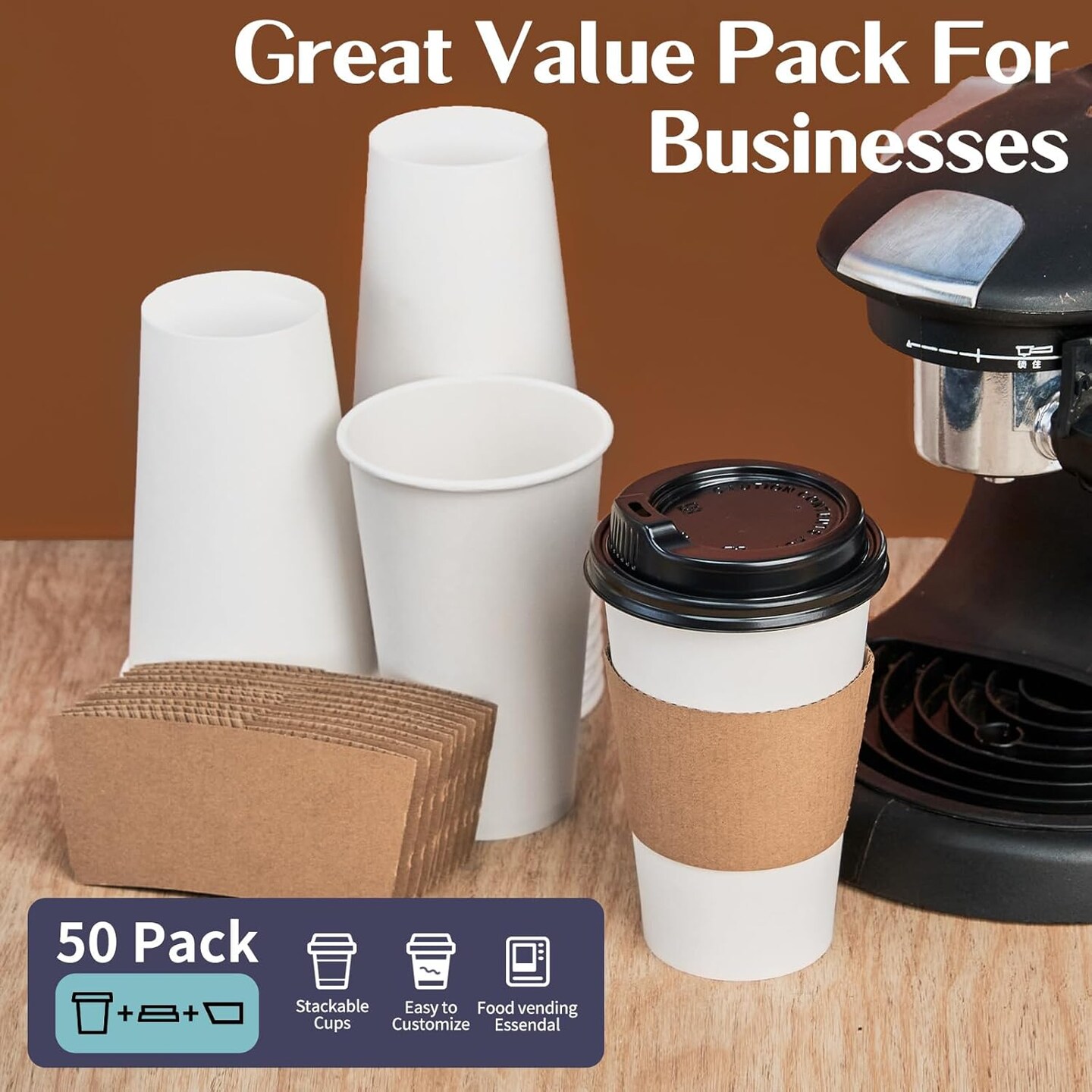 Disposable Coffee Cups with Lids 16 oz 50 Pack, Coffee cups with Lids and Sleeves, To Go Coffee Cups, Hot Paper Cups for Hot Beverages in Party, Family, Office, Upgraded