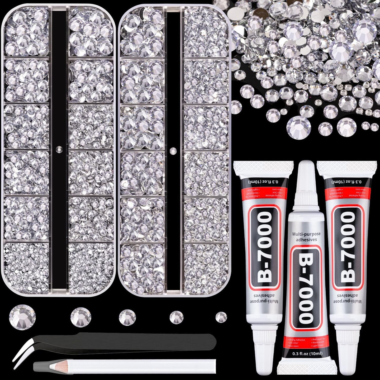 Resin Rhinestones for Crafting with B7000 Jewelry Glue – 2 Boxes of Silver Clear Flatback Crystals with 3 Pieces of 10ml Glue for Bedazzling Crafts, DIY Nail Art, Makeup, Clothing, and Shoes