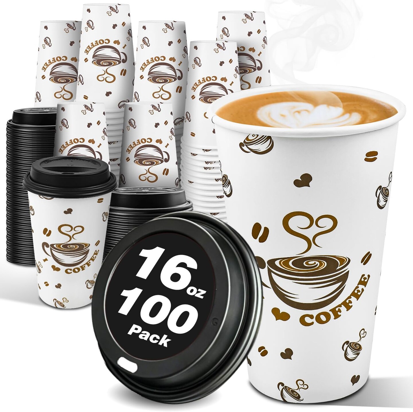 100-Pack 16 oz Disposable Paper Coffee Cups with Lids – To-Go Hot Cups for Cocoa, Hot Chocolate, and Beverages