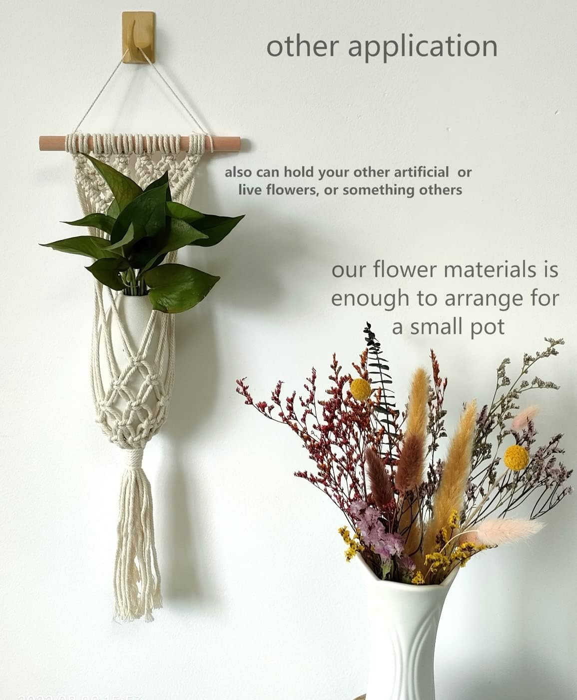 Boho Wall Hanging Dried Natural Flowers Decoration,Small Macrame Pampas Grass Preserved Green Eucalyptus Billy Balls Bunny Tail for Office Bedroom Apartment (A)