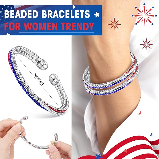 6 Pcs USA American Flag Bracelet for Women 4th of July Bracelet Red White and Blue Accessories Patriotic Independence Day Jewelry Gifts