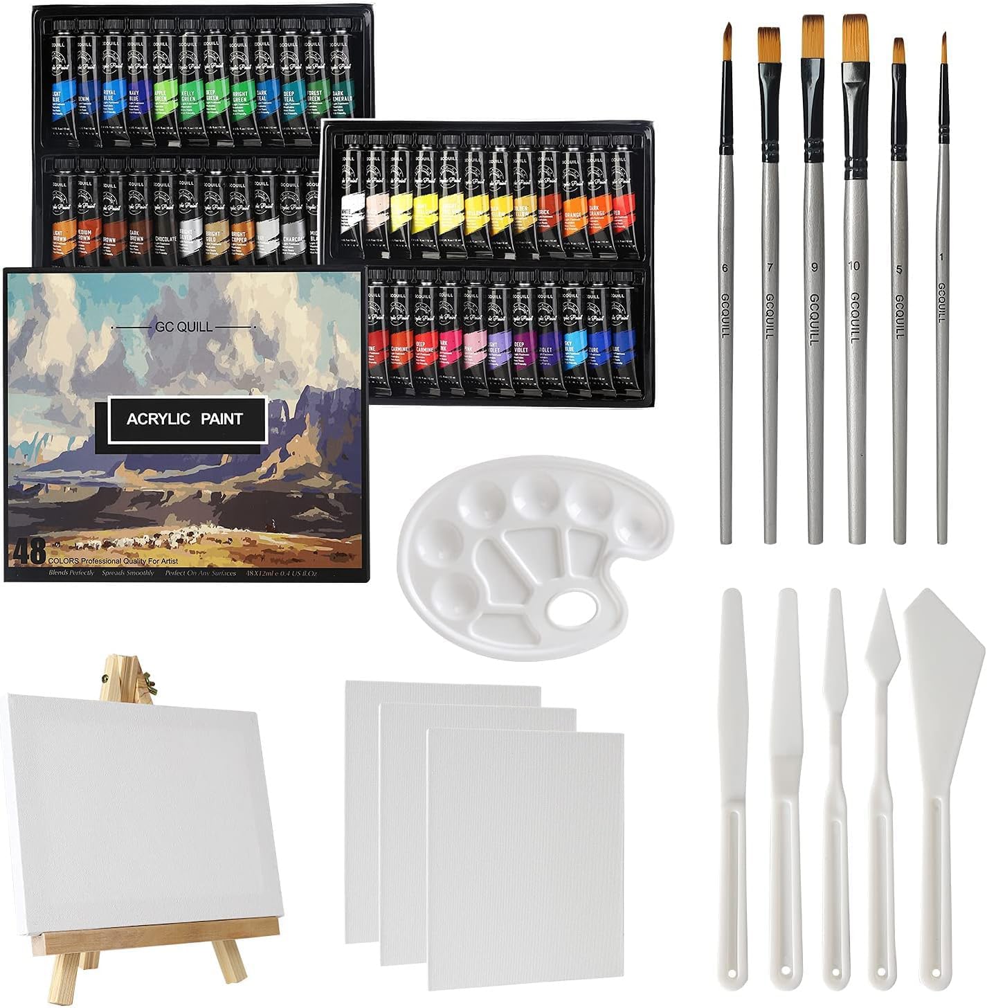 48 Acrylic Paint Set - 66pcs Painting Supplies with 48 * 12ml Tubes, Paint Brushes, Palette Knives, Canvas, Easel, Sponge, Palette for Artist Painting on Wood, Ceramics, Fabric, Crafts