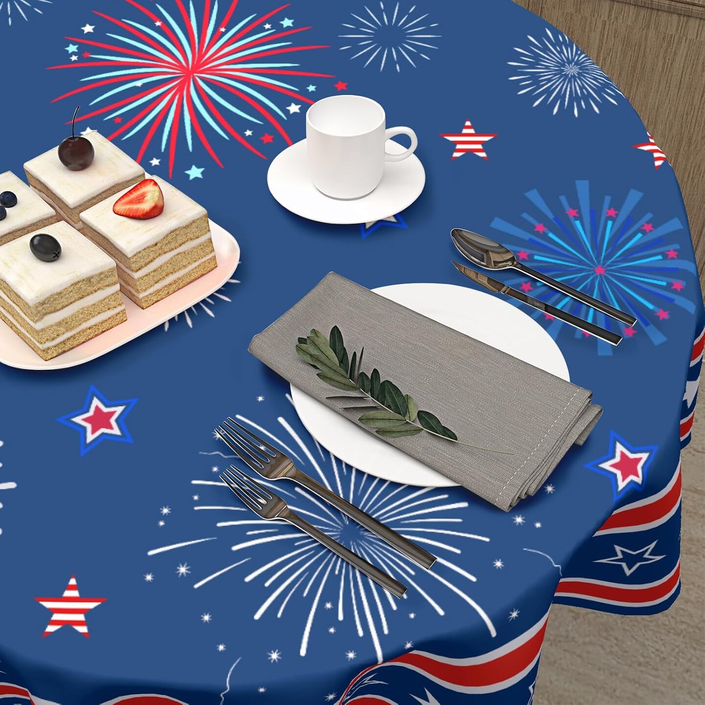 4th of July Tablecloth Round Patriotic Star Celebration Firework Table Cloths Circular Independence Day Table Cover Waterproof Polyester Tabletop for Dining Kitchen Party Decor 60 Inch