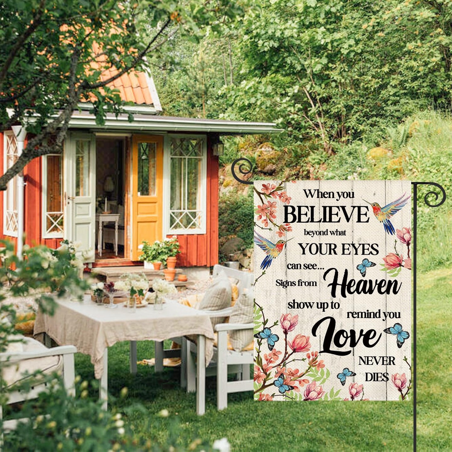 Hummingbird Memorial Garden Flag 12x18 Inch Double Sided Outside, Love Never Dies Memorial Day Gravesite Saying Spring Yard Outdoor Decoration
