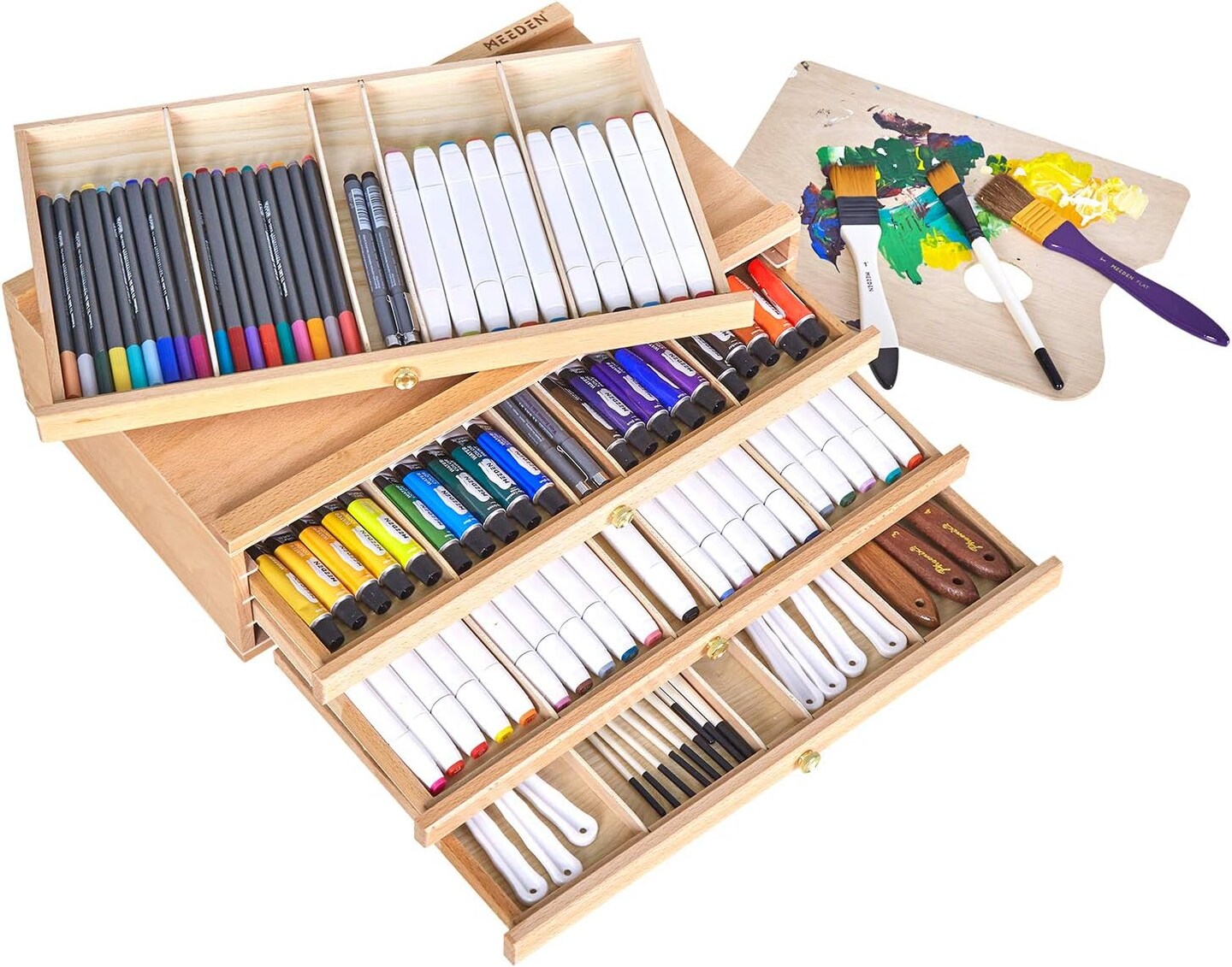 MEEDEN 4-Drawer Artist Supply Storage Box - Portable Foldable Multi-Function Beech Wood Artist Pencil &#x26; Brush Storage Box with Drawer &#x26; Compartments for Pastels, Pencils, Pens, Brushes, Stamp