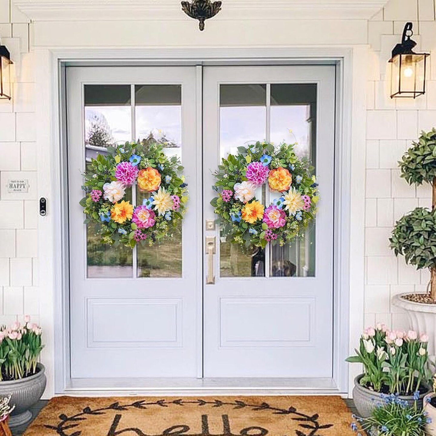 Spring Wreaths for Front Door, Summer Outdoor Wreath with Peony and Dahlia, Floral Door Decor for All Season Home Wall Wedding Farmhouse Holiday