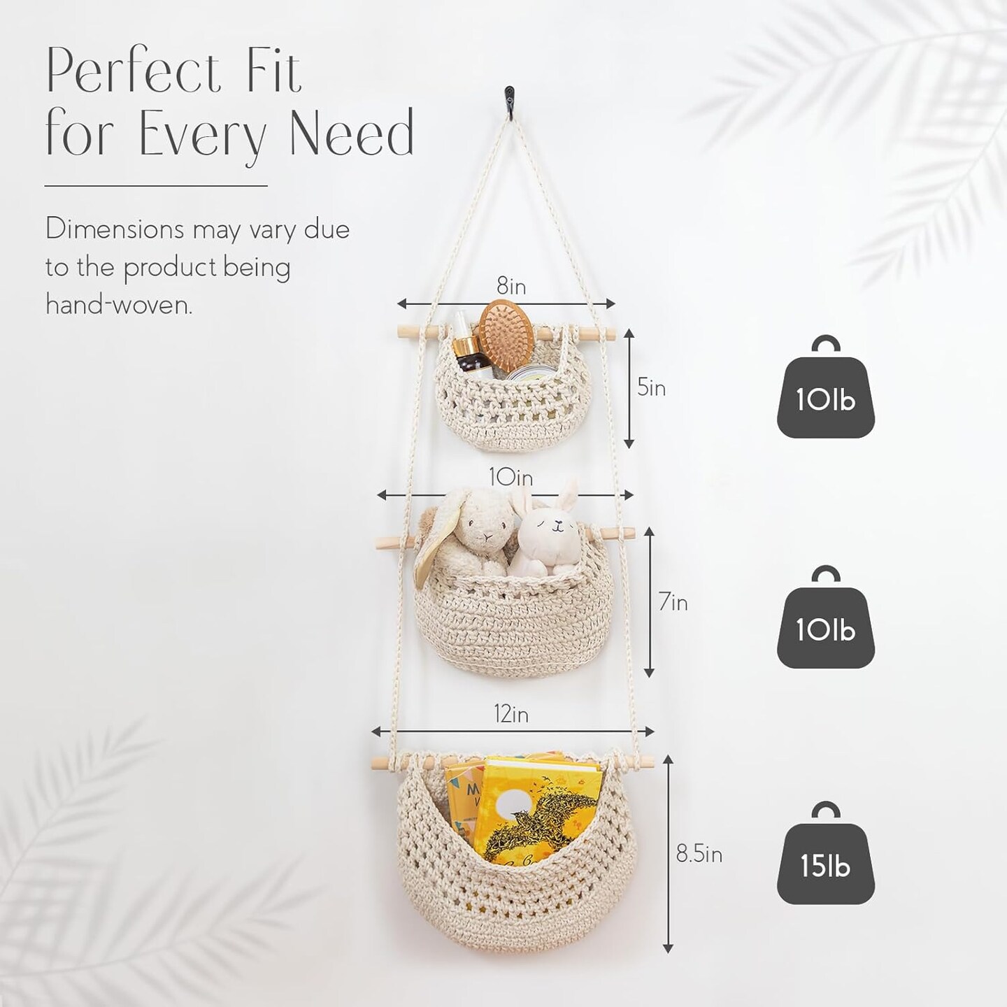 Cotton Fruit Basket, Handmade Hanging Fruit Basket 3 tier, Kitchen Storage, and Home Storage, Vegtable Wall Hanger, Macrame Decor (White)