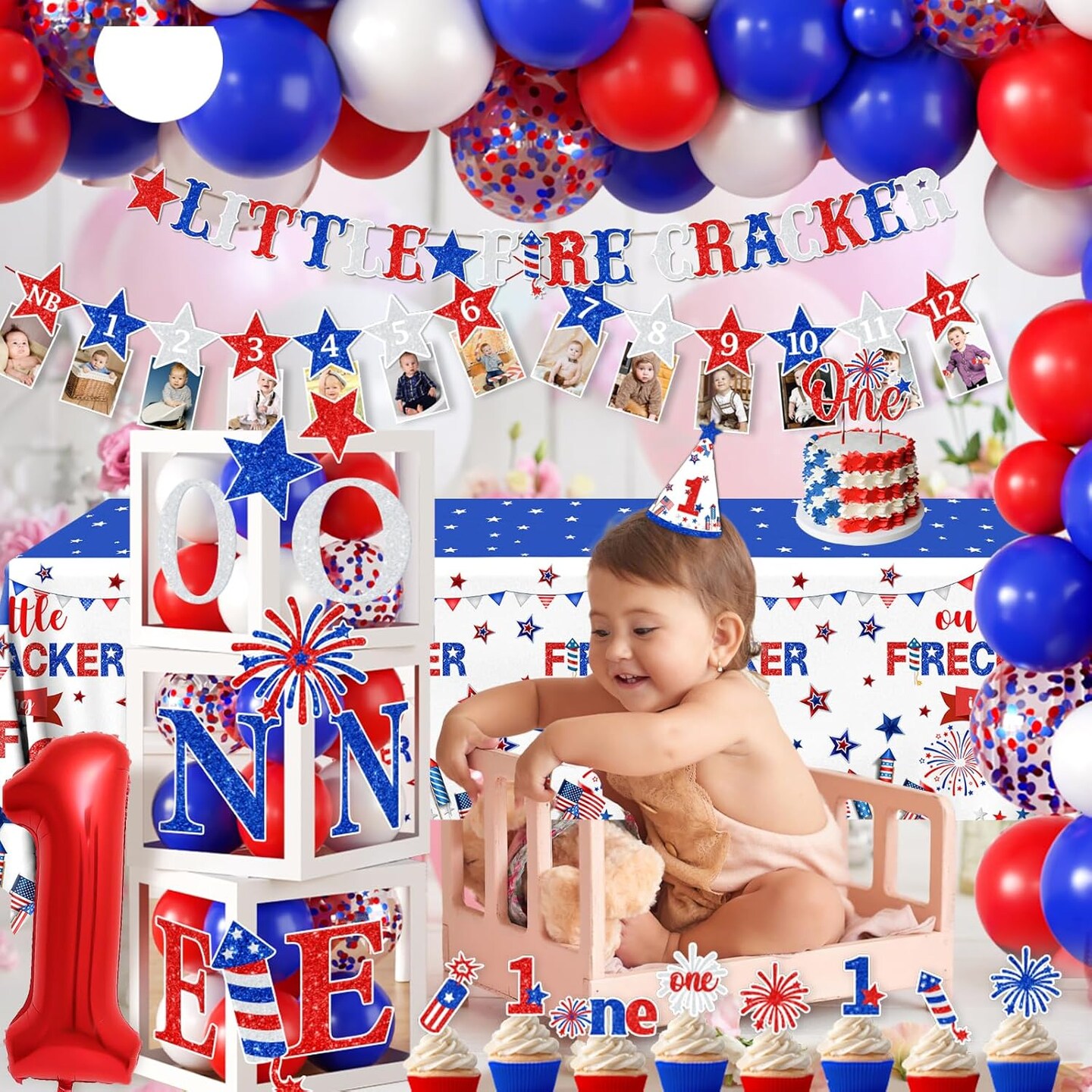 4th of July Birthday Decorations, Little Firecracker First Birthday Party Supplies Backdrop Balloon Box Cake Cupcake Topper Tablecloth for Baby Shower Memorial Day Independence Day Decorations